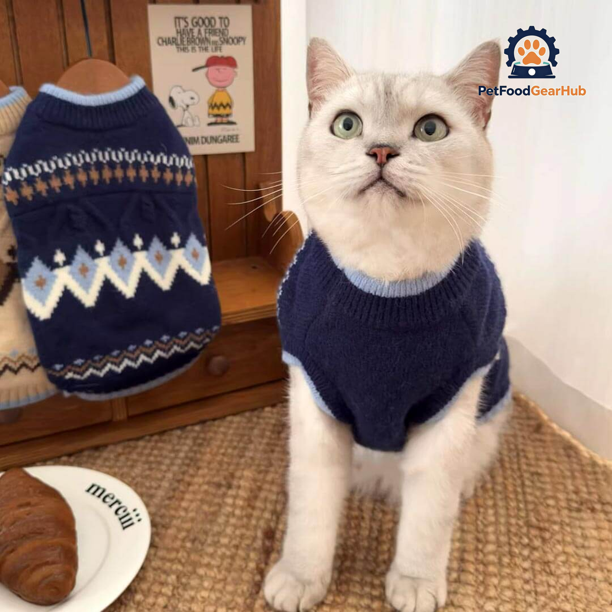 Cat in Fair Isle Navy Cat Sweater | Knitted Cat Jumper | PetFoodGearHub