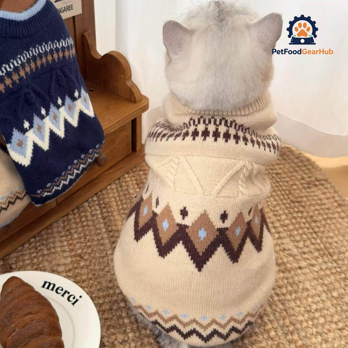 Cat in Fair Isle Beige Cat Sweater | Warm Cat Sweater | PetFoodGearHub