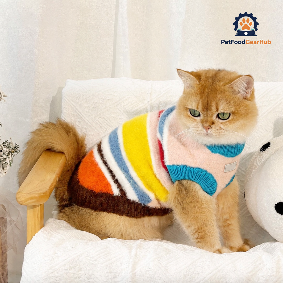 Cat Wearing Rainbow Stripe Sweater | Cute Colorful Cat Outfit | PetFoodGearHub