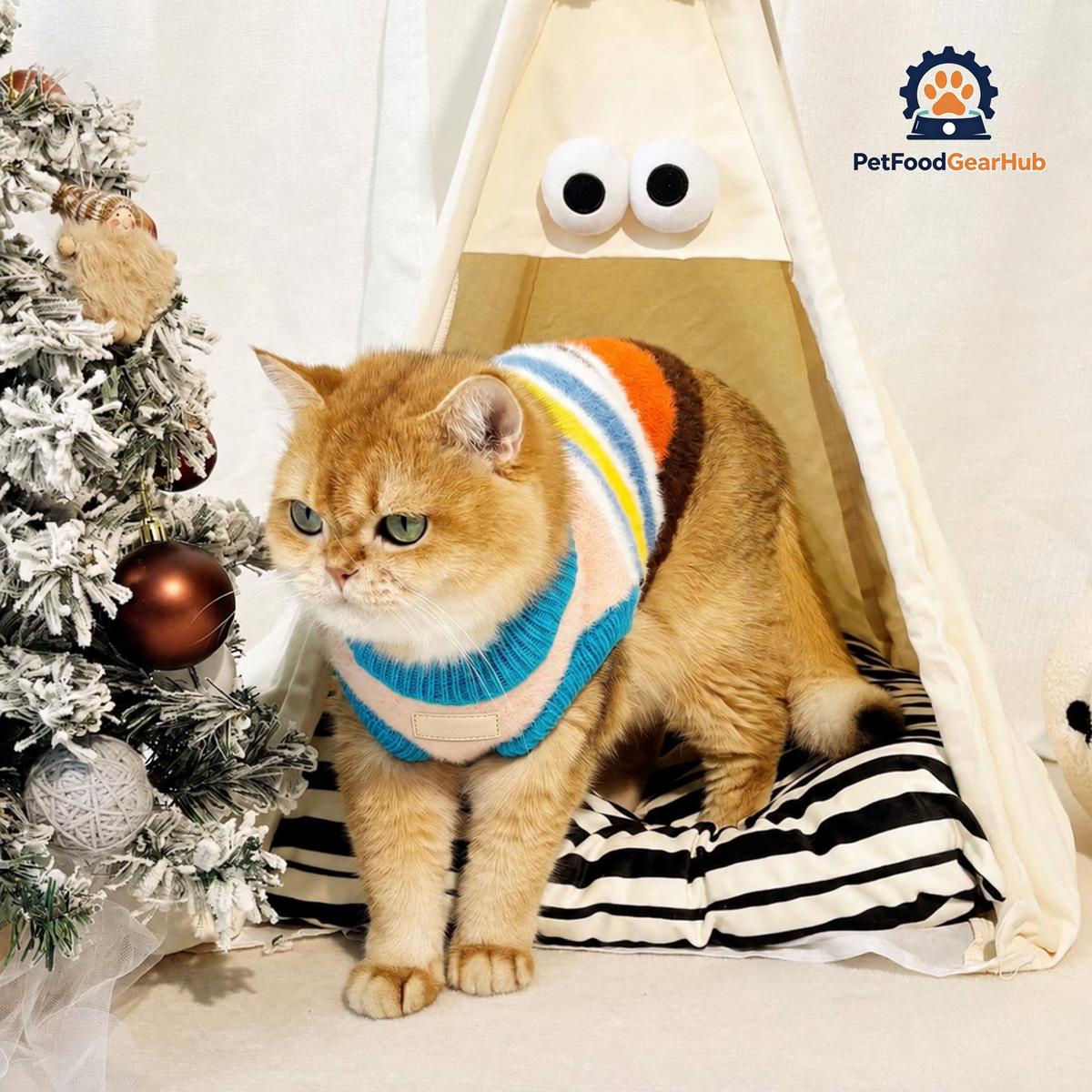 Cat Wearing Rainbow Stripe Cat Sweater | Cozy Cat Clothes | PetFoodGearHub