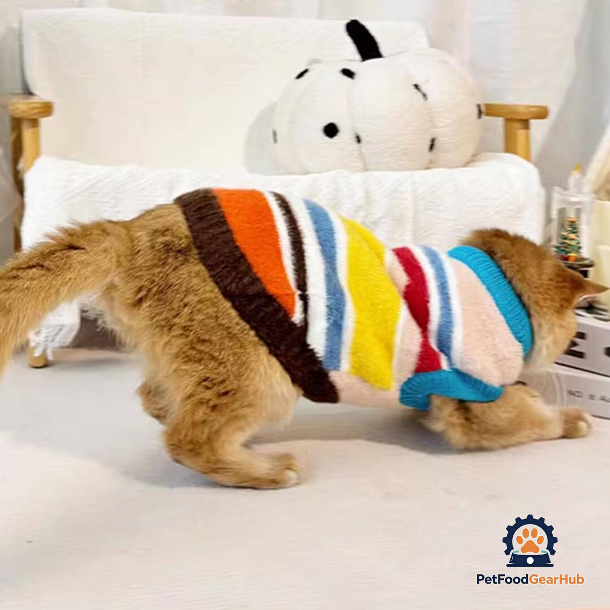 Cat Wearing Rainbow Stripe Sweater | Colorful Cat Apparel | PetFoodGearHub