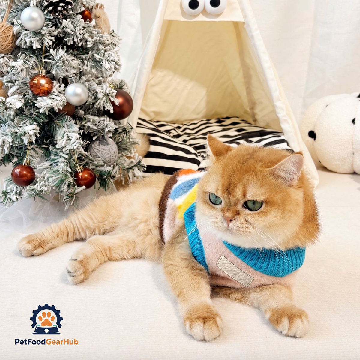 Cat Wearing Colorful Stripe Cat Sweater | Knit Cat Clothing | PetFoodGearHub