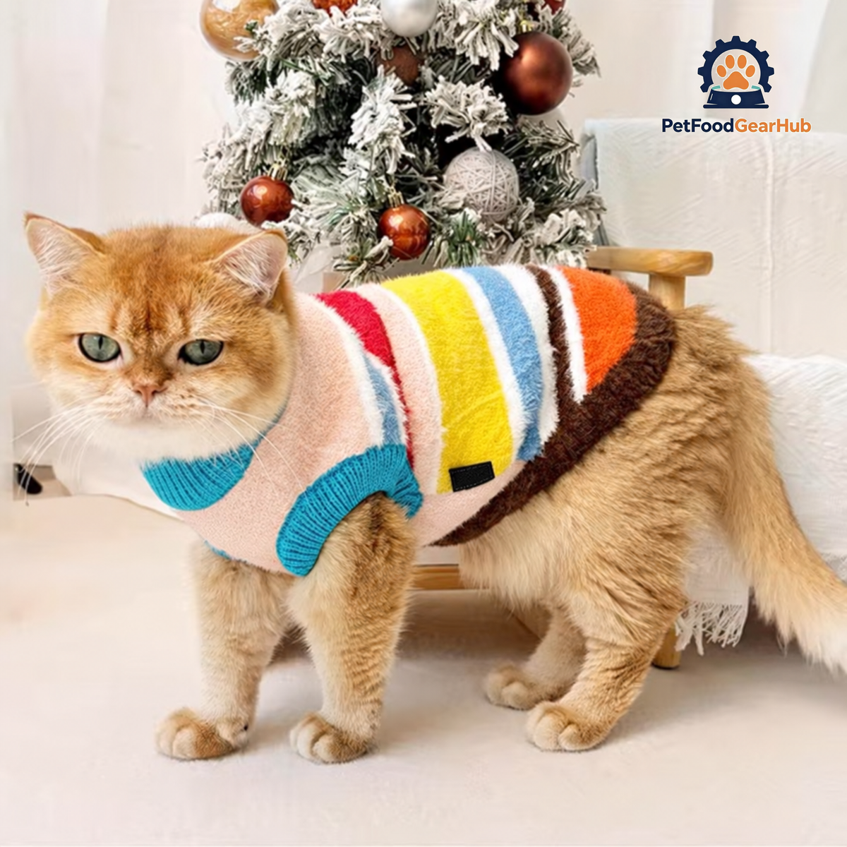 Cat Wearing Rainbow Stripe Sweater | Colorful Cat Apparel | PetFoodGearHub