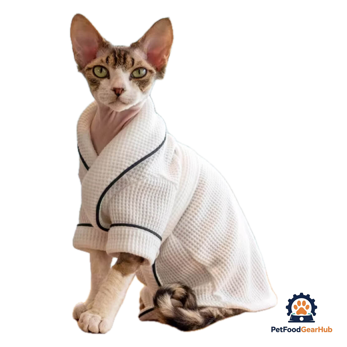 Devon Rex in White Bathrobe | PetFoodGearHub