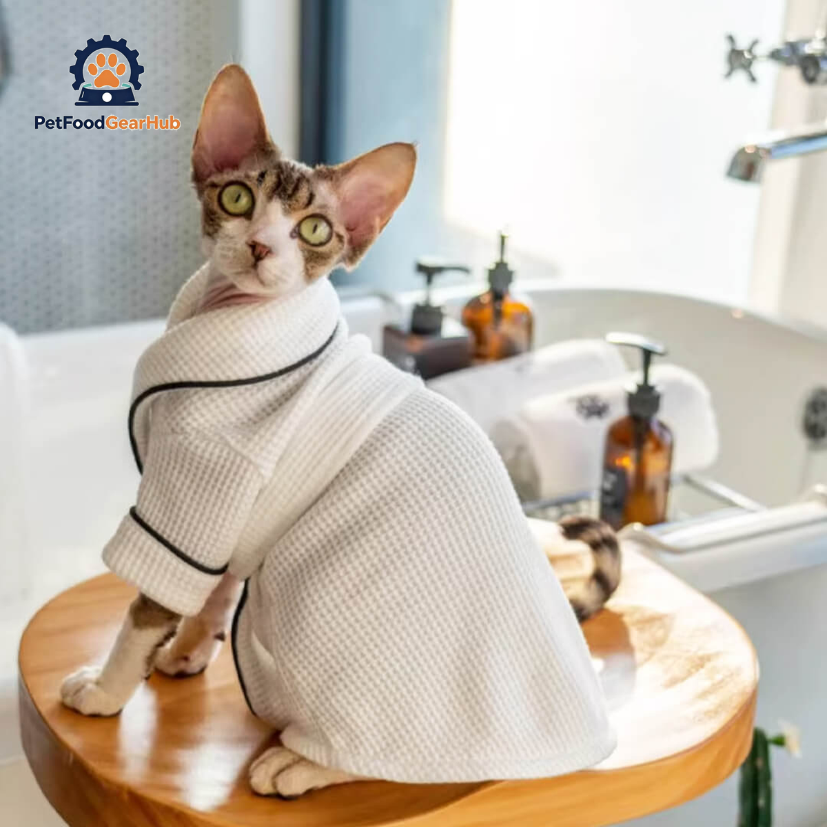 Devon Rex in White Bathrobe | PetFoodGearHub