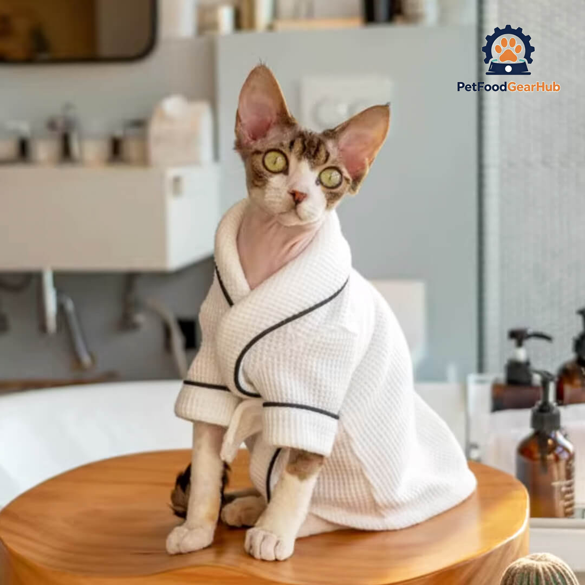 Devon Rex in White Bathrobe | PetFoodGearHub