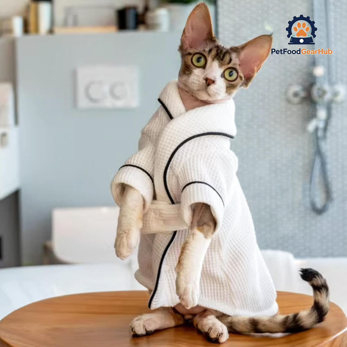 Devon Rex in White Bathrobe | PetFoodGearHub