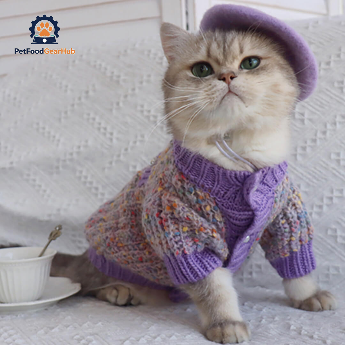 Cat with Purple Wool Beret Hat | PetFoodGearHub