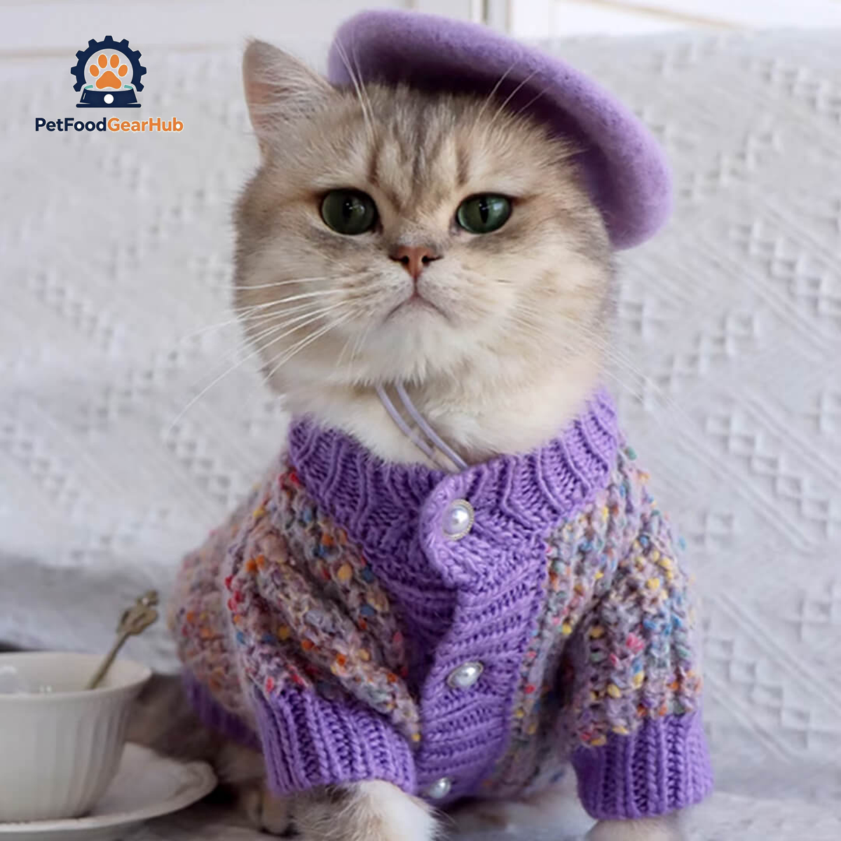 Cat with Purple Wool Beret Hat | PetFoodGearHub