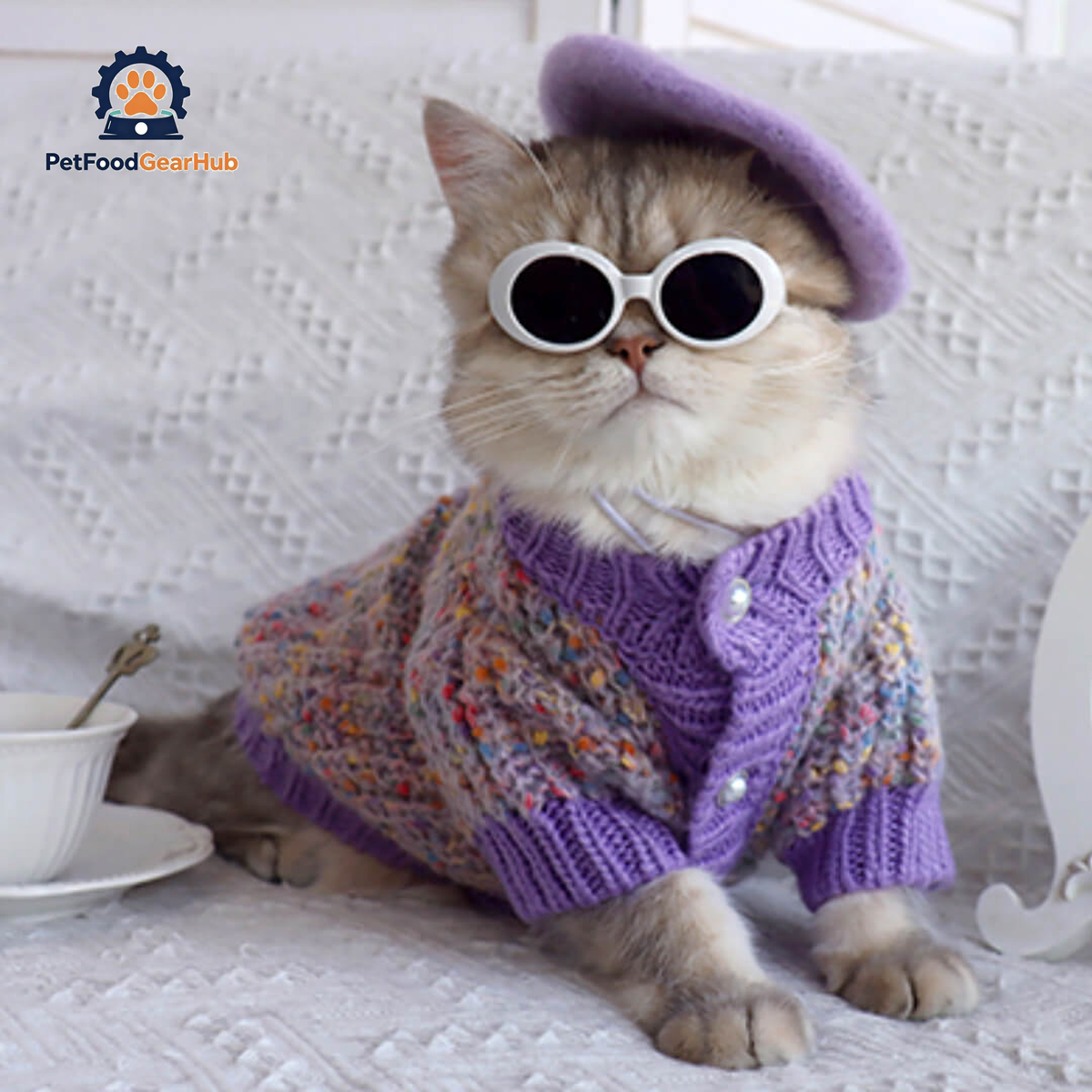 Cat with Purple Wool Beret Hat | PetFoodGearHub
