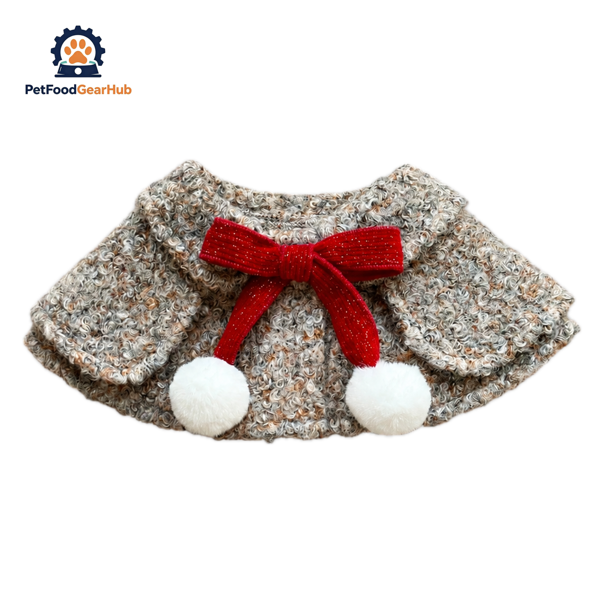 Colette Cat Bib in gray | Bouclé Cat Cape with Red Bow and White Pom Poms | PetFoodGearHub
