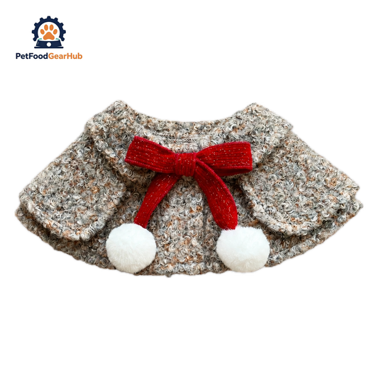 Colette Cat Bib in gray | Bouclé Cat Cape with Red Bow and White Pom Poms | PetFoodGearHub