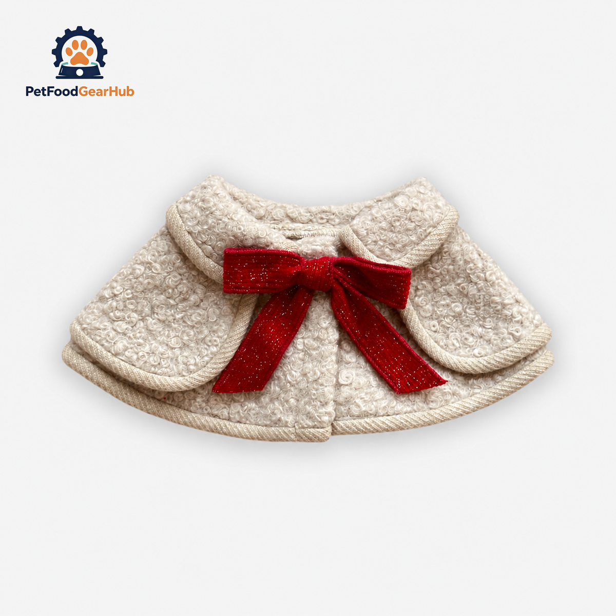 Colette Cat Bib in Vanilla | Bouclé Cat Cape with Red Velvet Bow | PetFoodGearHub