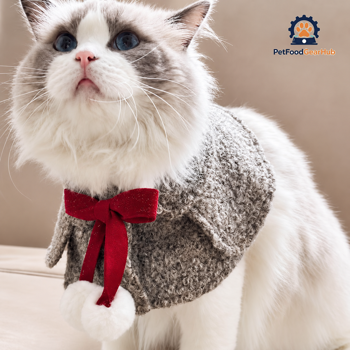 Colette Cat Bib in gray on Ragdoll Cat | Red Bow and Pom Pom Cape | PetFoodGearHub