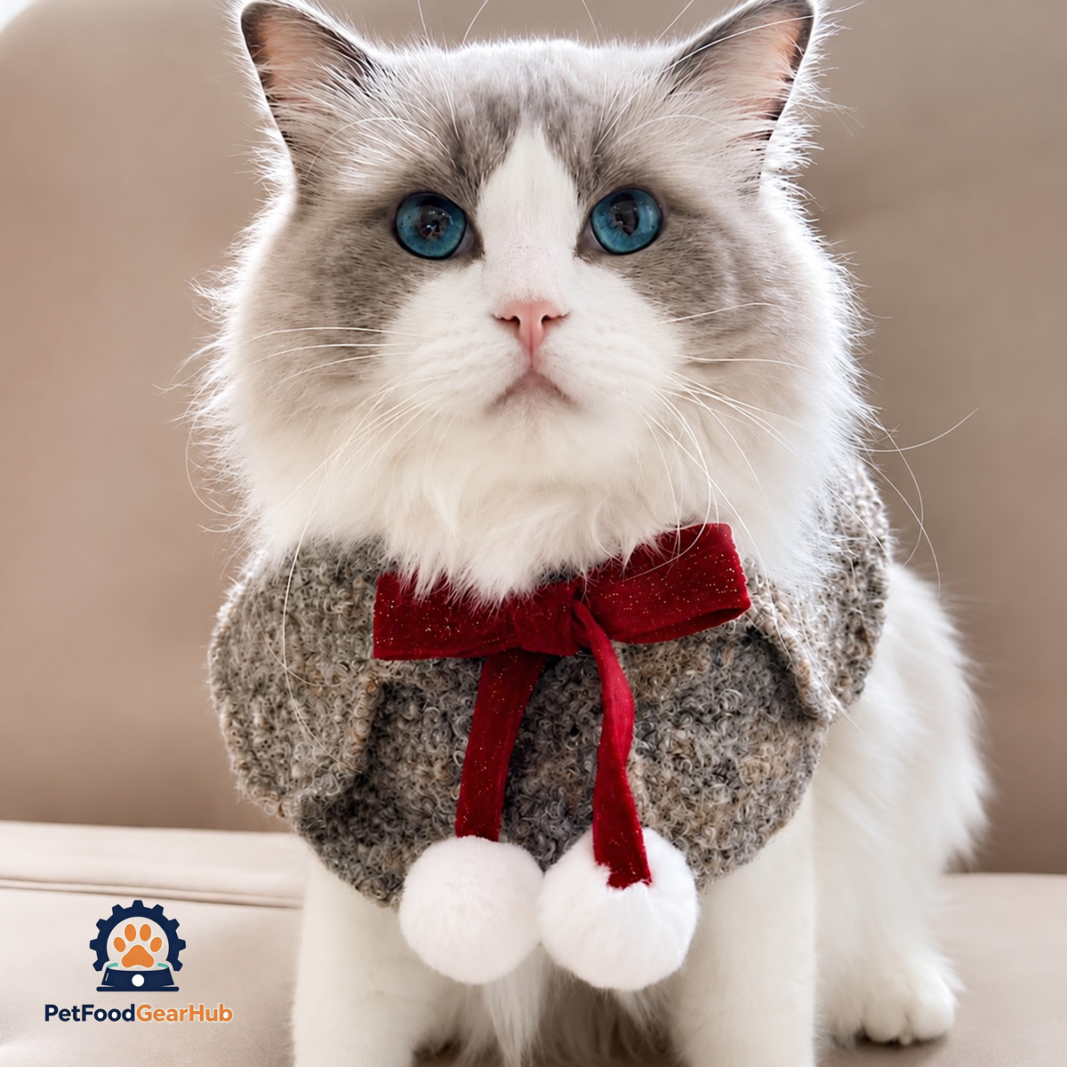 Colette gray Cat Bib on Ragdoll Cat | Bouclé Cape with Red Bow and Pom Poms | PetFoodGearHub