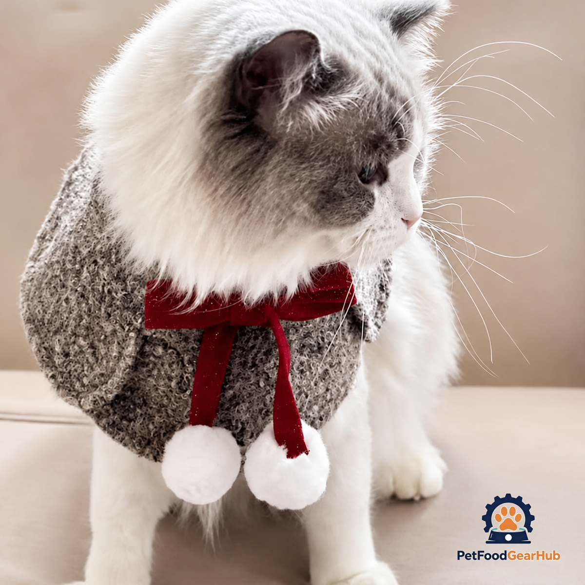Colette gray Cat Bib Side View on Ragdoll Cat | Red Bow and Pom Poms | PetFoodGearHub
