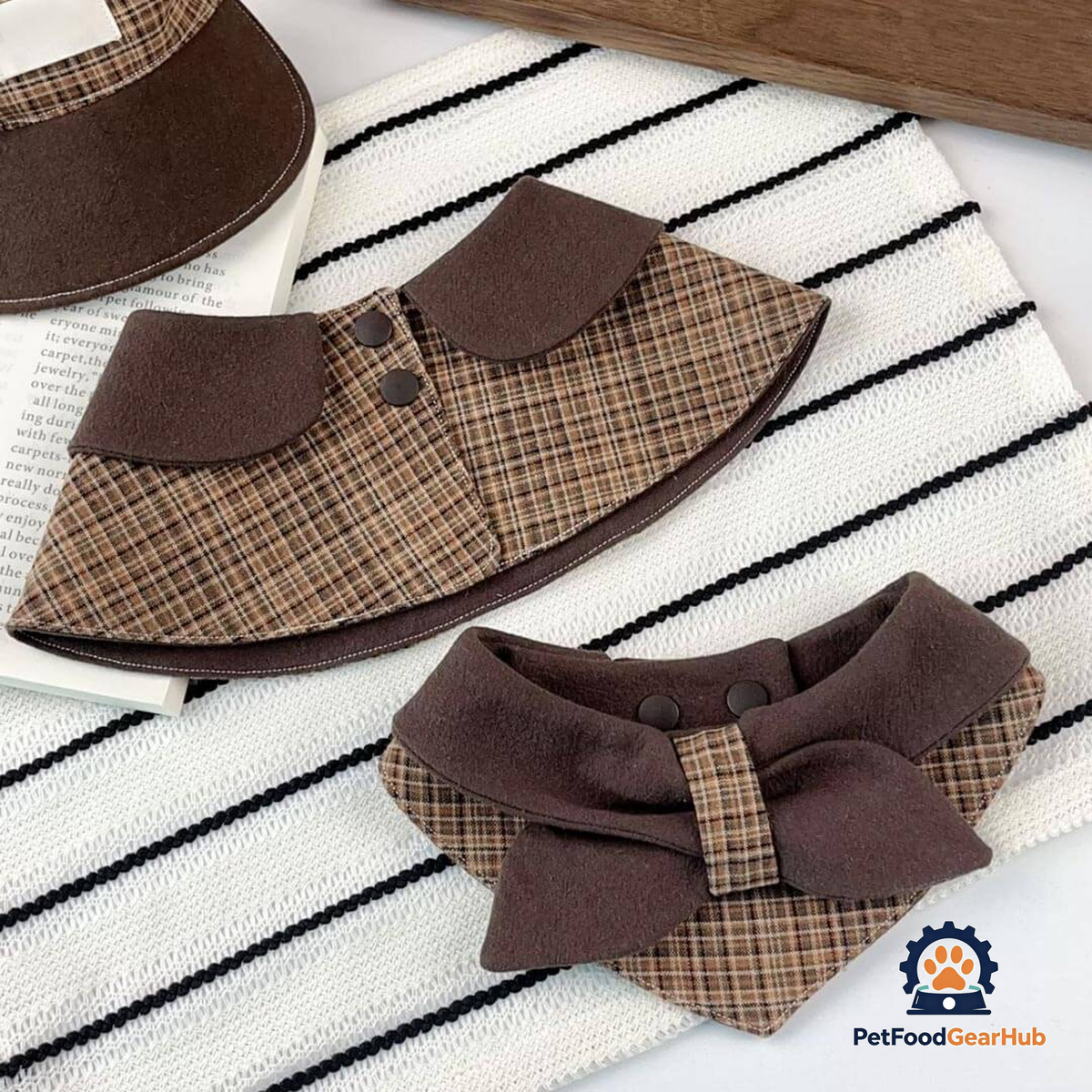 Tweed Cat Bib Classic and Bow Collar Styles | Brown Plaid Cat Bib | PetFoodGearHub