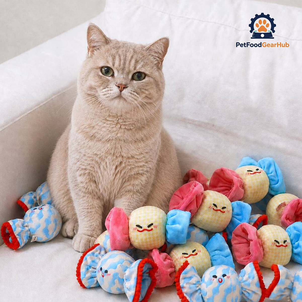 British Shorthair with Candy Plush Cat Toys | Cute Cat Toys | PetFoodGearHub