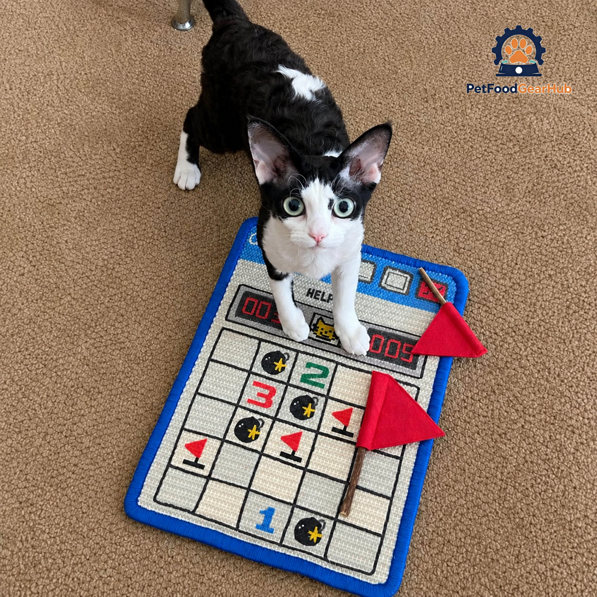 Cat Perched on Minesweeper Sisal Cat Scratcher with Two Flag Toys | Sisal Cat Scratchers | PetFoodGearHub