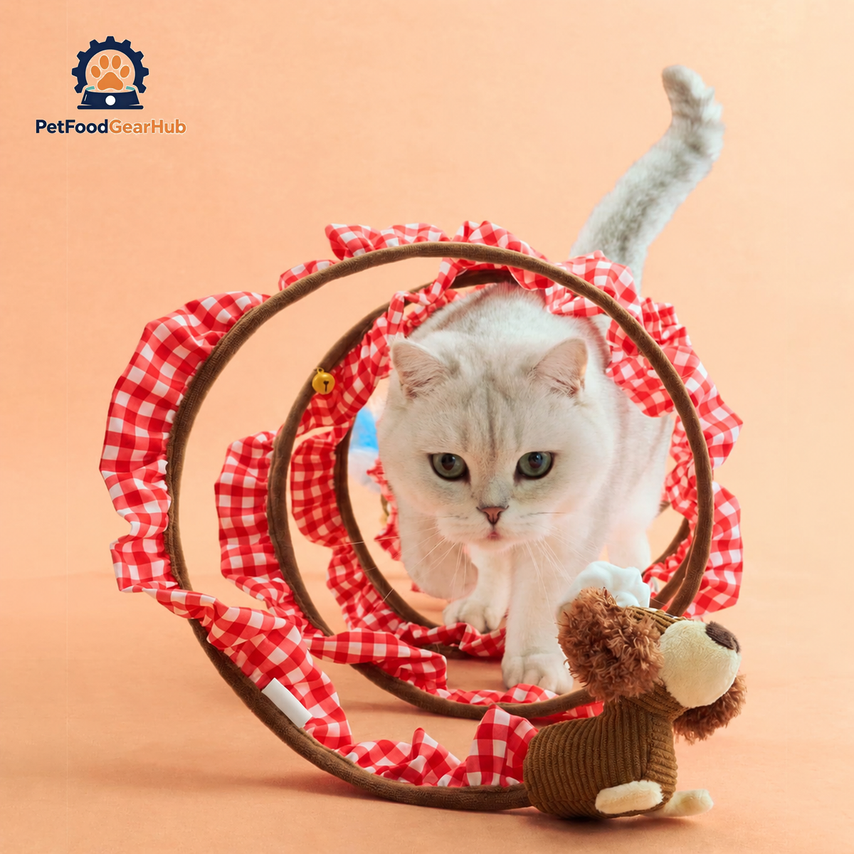 Cat Crouching Inside Red Gingham Spiral Cat Tunnel | Interactive Cat Toys | PetFoodGearHub