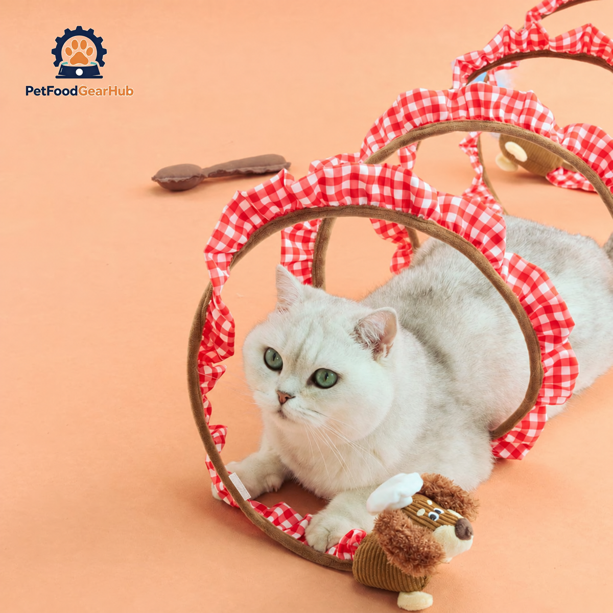 Cat Lying Inside Gingham Spiral Cat Tunnel | Cute Cat Toys | PetFoodGearHub