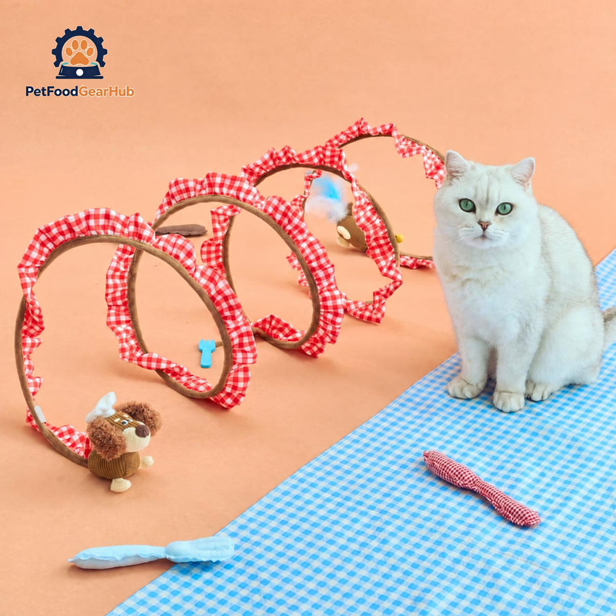 Puppy Spiral Cat Tunnel Stretched Out with Picnic Cat Toys | Cute Cat Toys | PetFoodGearHub
