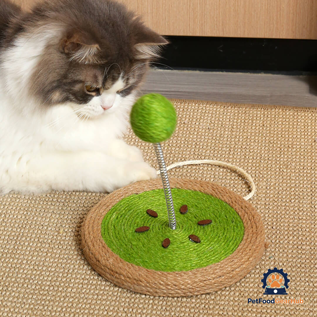 Cat Playing with Kiwi Sisal Scratcher with Sisal Spring Ball | Interactive Cat Toys | PetFoodGearHub