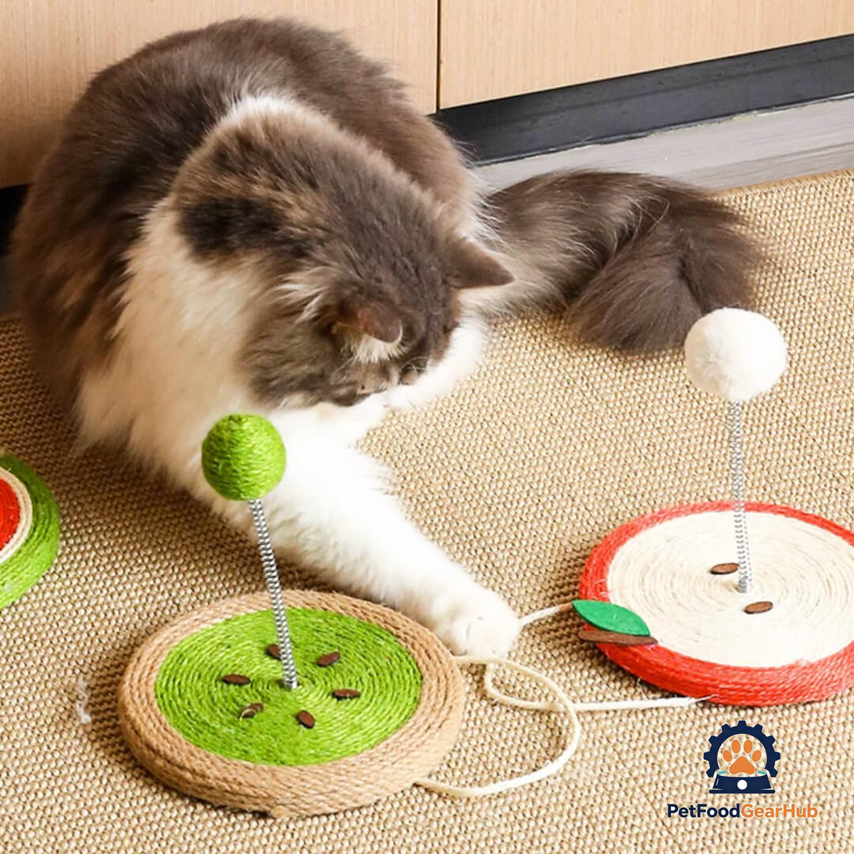Cat Playing with Kiwi Sisal Scratcher with Sisal Spring Ball | Interactive Cat Toys | PetFoodGearHub