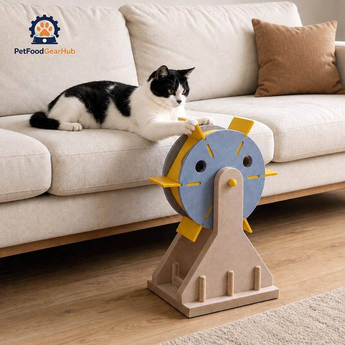 Cat Reaching Down From a Sofa to Spin the Windmill Cat Toy | Cute Cat Toys | PetFoodGearHub