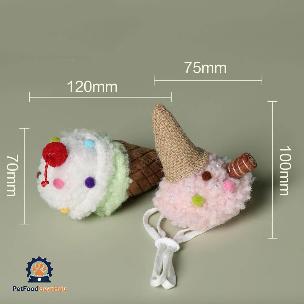 Plush Ice Cream Catnip Toy and Matching Cat Hat with Dimensions | PetFoodGearHub