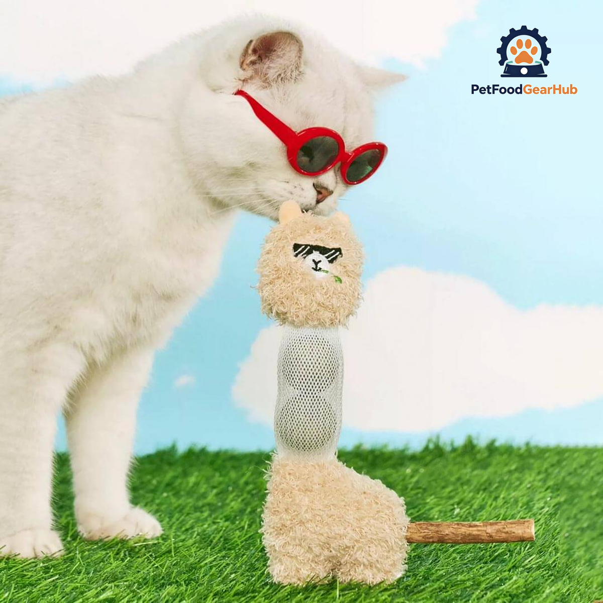 Cat in Red Sunglasses Nosing an Alpaca Cat Toy | Cute Cat Toys | PetFoodGearHub
