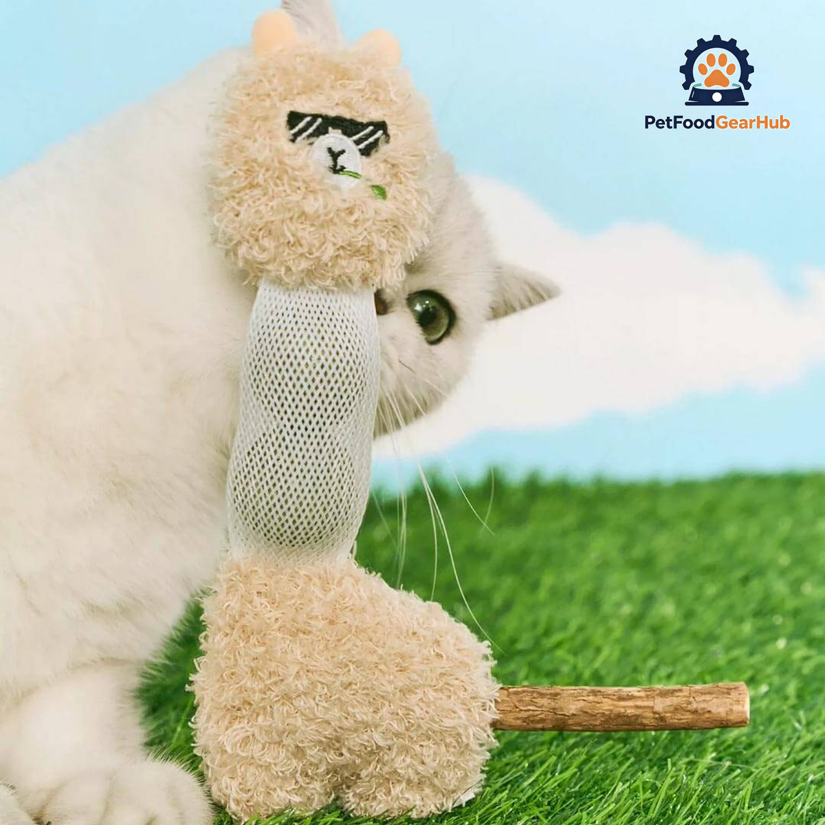 Cat Lying Down Holding an Alpaca Cat Toy | Silvervine Cat Toys | PetFoodGearHub