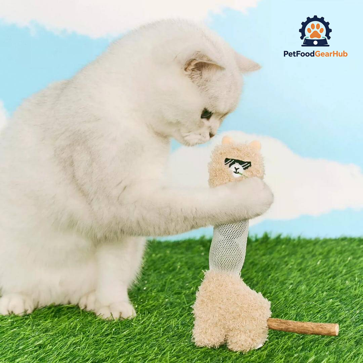 Cat Pawing at a Standing Alpaca Cat Toy | Interactive Cat Toys | PetFoodGearHub