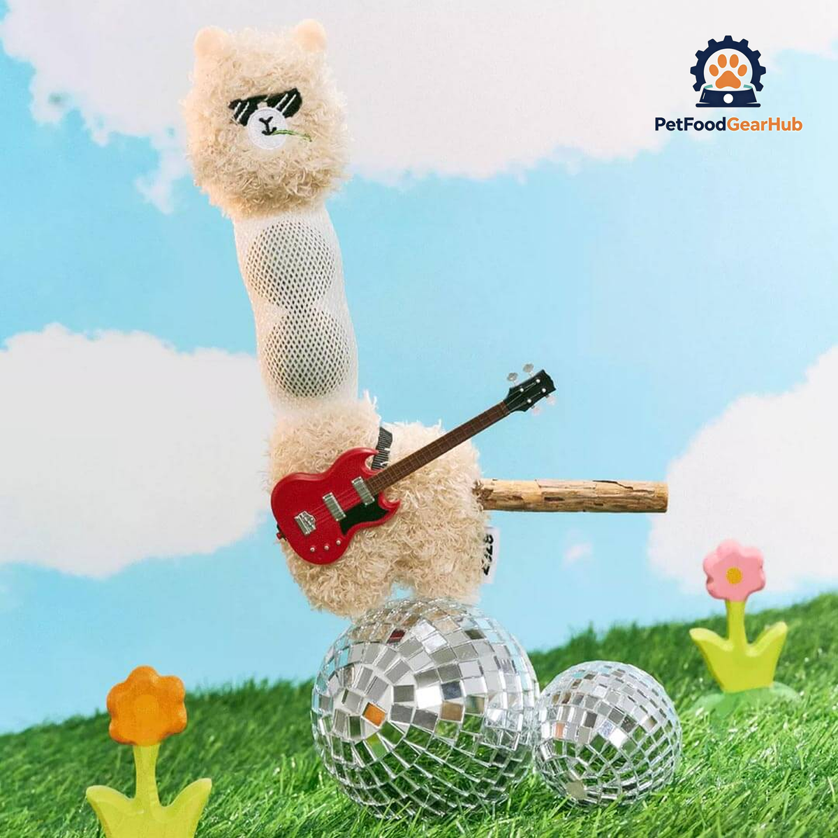 Alpaca Cat Toy Posed with a Guitar and Disco Balls | Plush Cat Toys | PetFoodGearHub