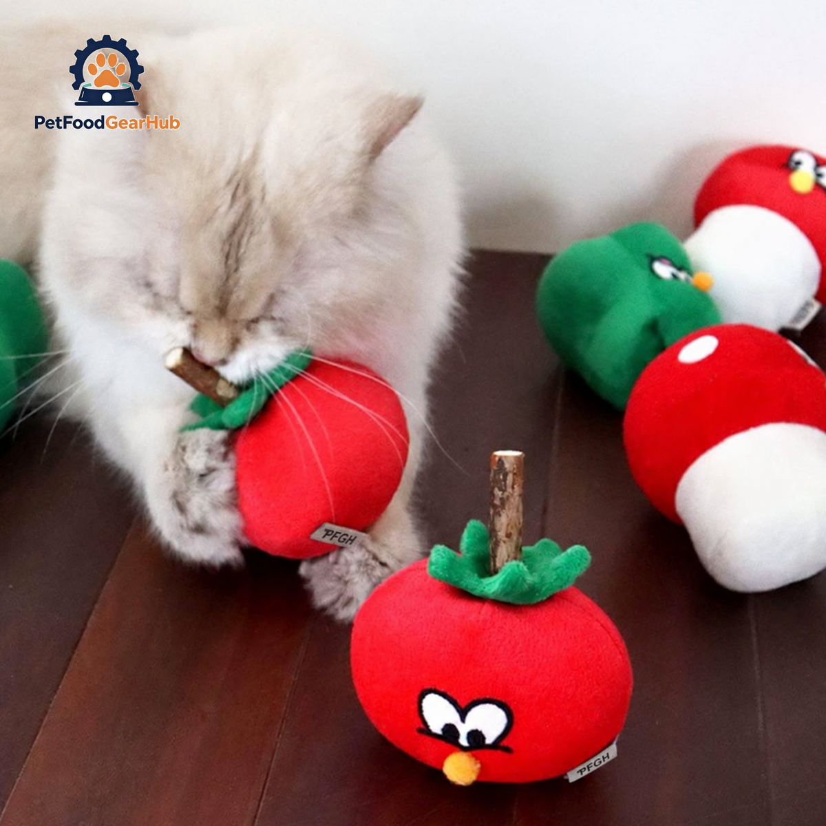 Cat Playing with Tomato Plush Catnip Toy | PetFoodGearHub