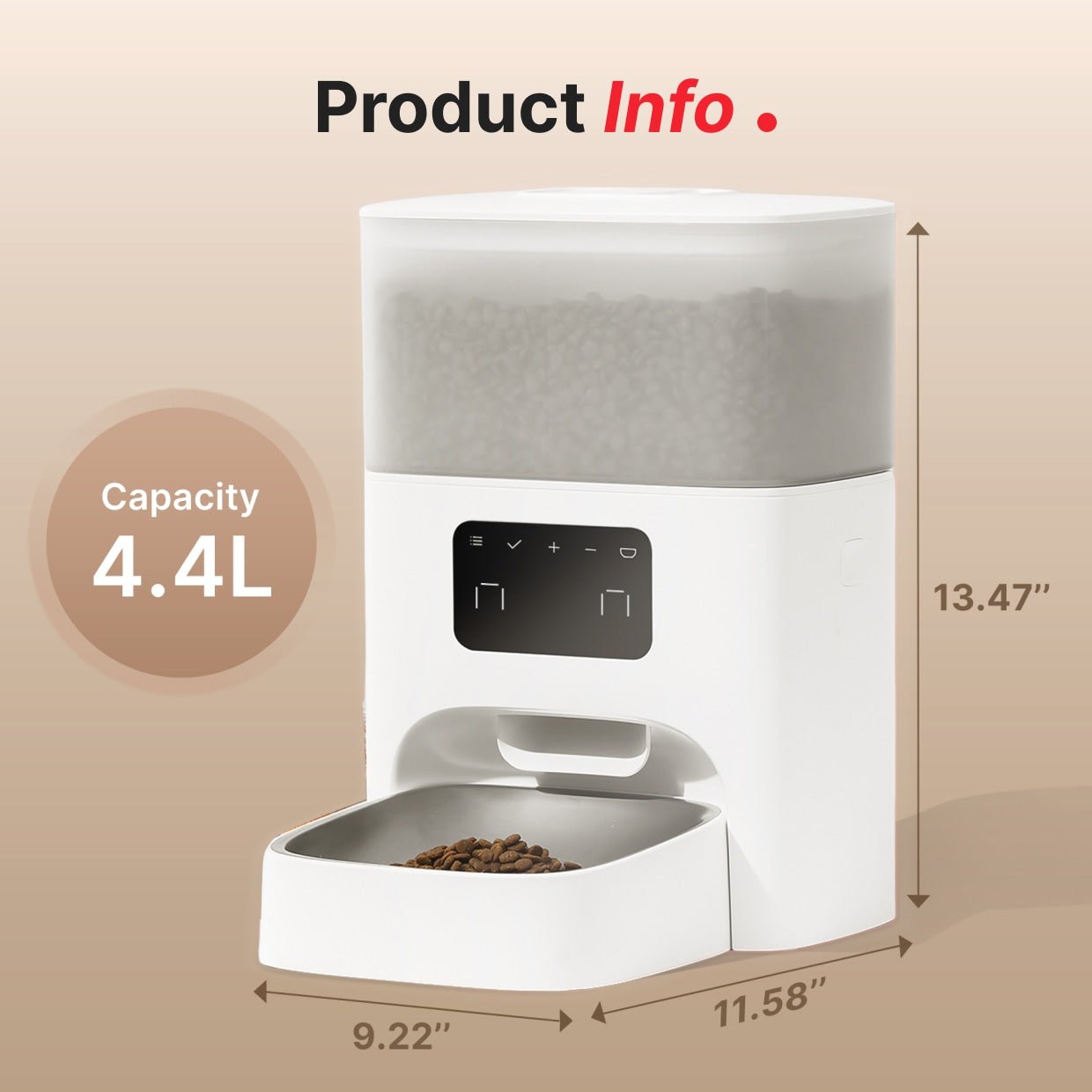 the container has 4.4L capacity and the product's dimension is 9.22*11.58*13.47 inches